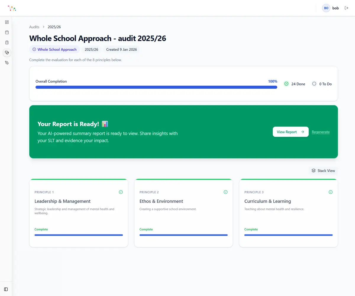 Preview of the school wellbeing audit dashboard and report view
